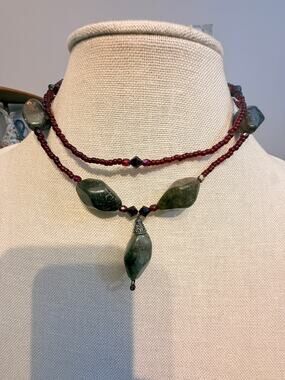 14” Genuine Green Gemstone Carved Bead Pendant Necklace